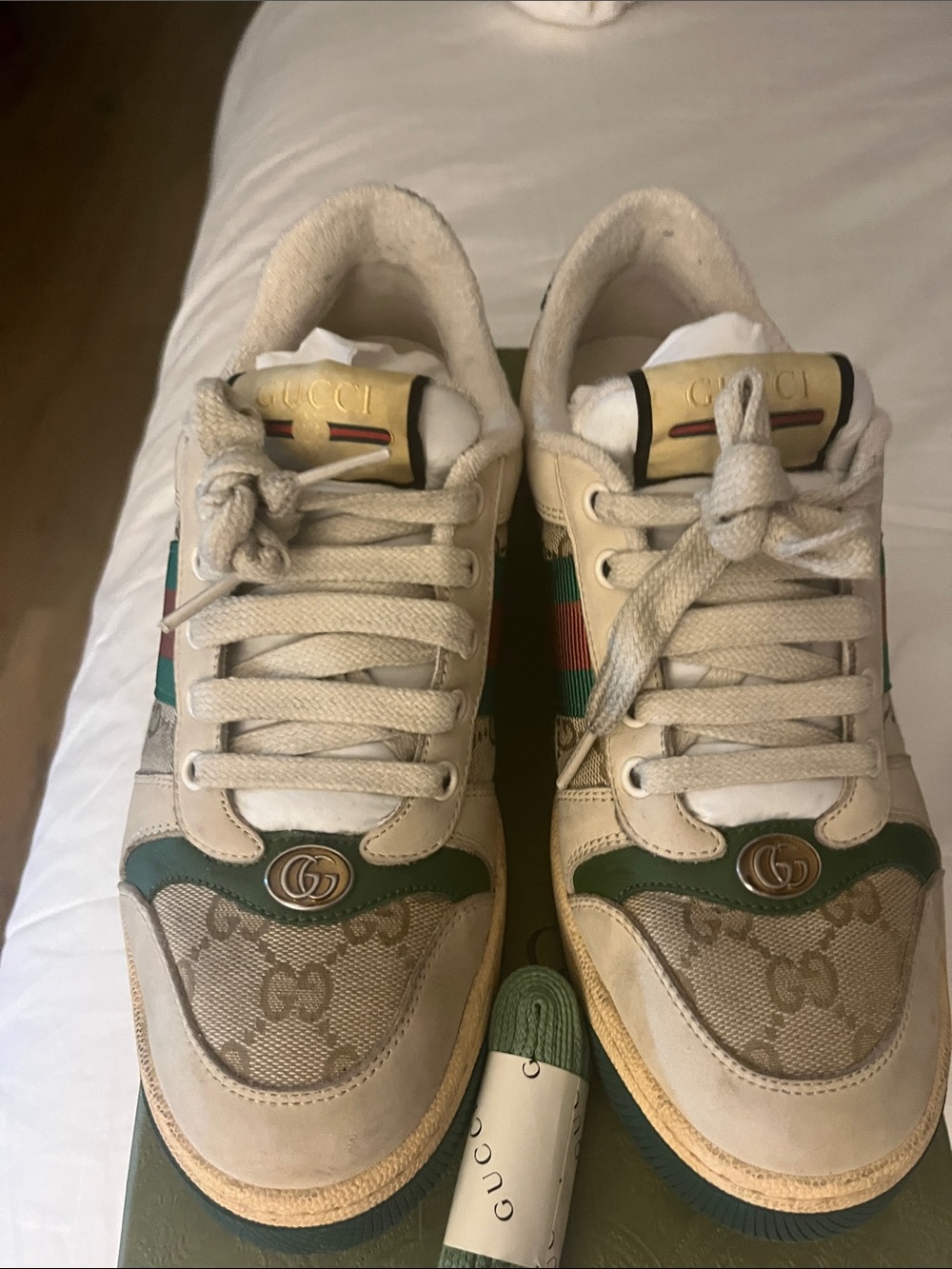 Gucci Beige, Green & Red GG Monogram Low-Top Sneakers